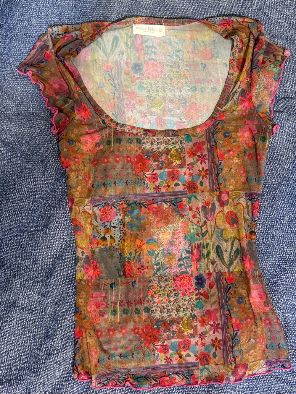 Natural Life Sheer Floral Patchwork Scoop Neck Top - Multicolor